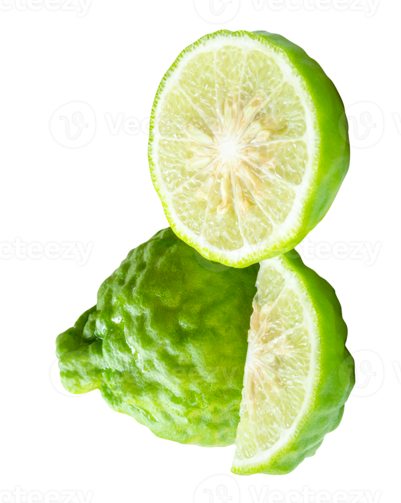 Green bergamot fruit or kaffir lime with half and slice or quarter in stack isolated with clipping path in format png