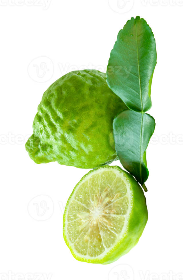 Bergamot or kaffir lime with half and green leaf in stack isolated with clipping path in file format png