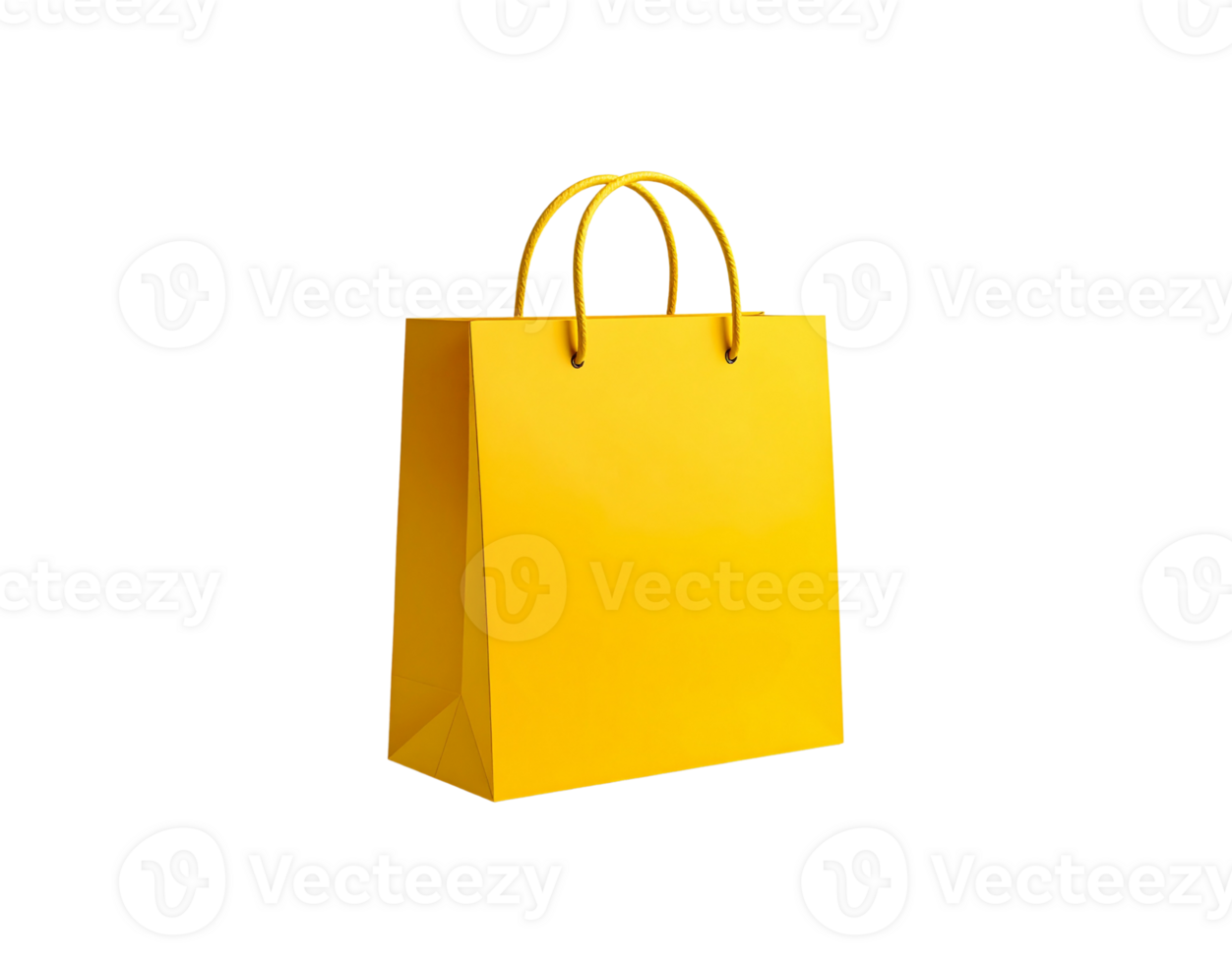 A vibrant yellow paper shopping bag with a glossy finish and matching rope handles standing upright. png