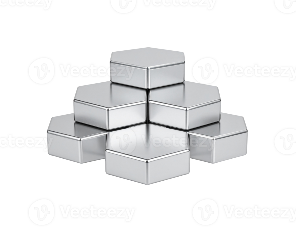 A geometric pyramid of six brushed silver hexagonal metal tins with lids. png