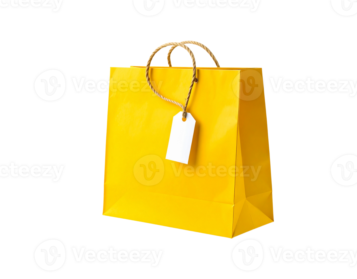 A vibrant yellow paper shopping bag with twisted rope handles and a blank white gift tag. png