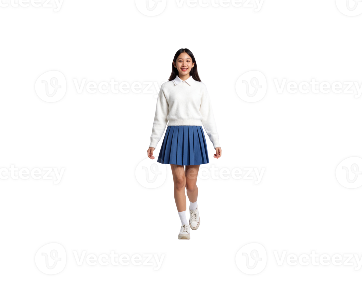 Happy Asian student in a white knit sweater and blue pleated skirt walking forward with a bright smile. png
