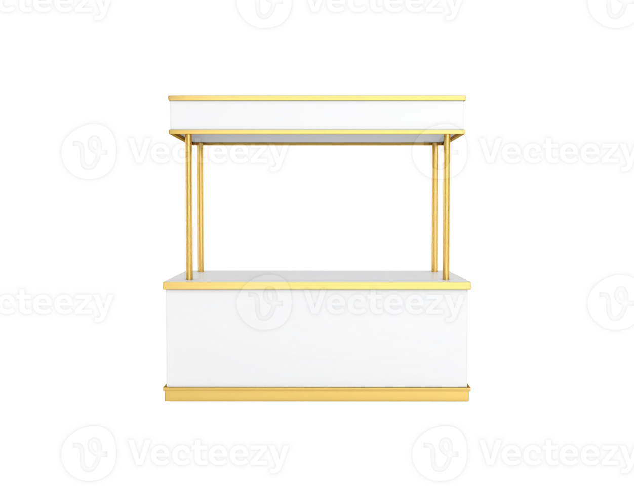 Modern white and gold promotional exhibition booth with blank panels Front view of an elegant marketing stand for branding and events. png