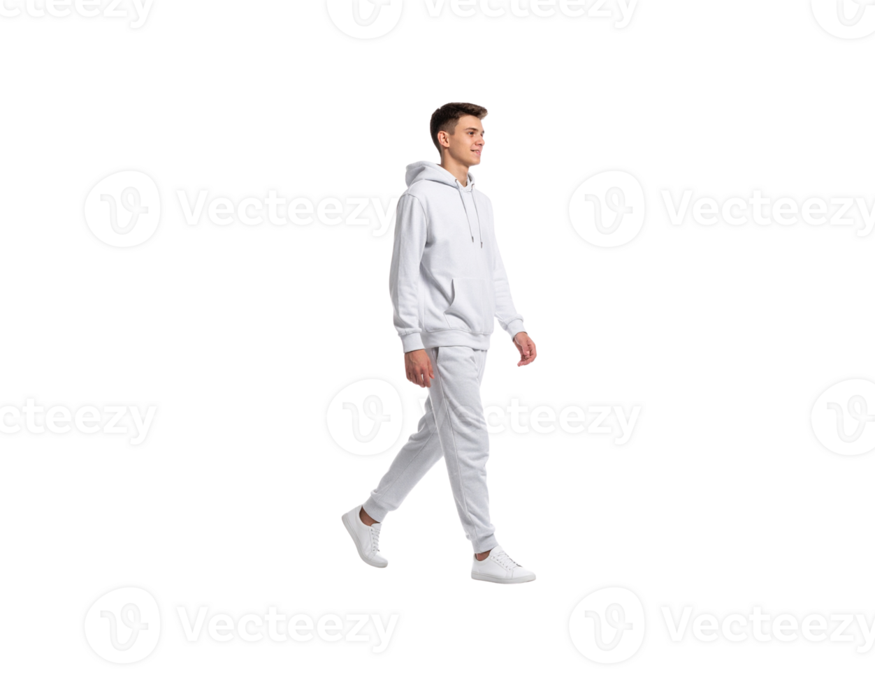 Young man in a white tracksuit walking in profile wearing a hoodie sweatpants and sneakers. png