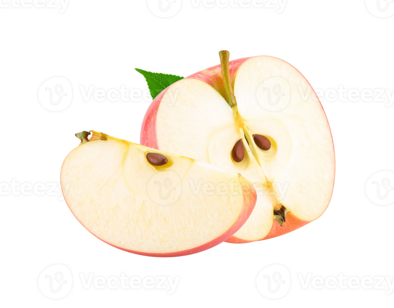 Crisp red apple halved and sliced revealing a juicy core with seeds and a vibrant green leaf. png