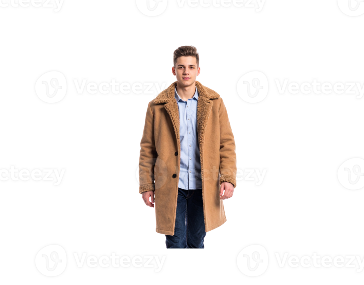 Confident young man in a stylish brown suede coat with a warm sherpa collar posing frontally. png