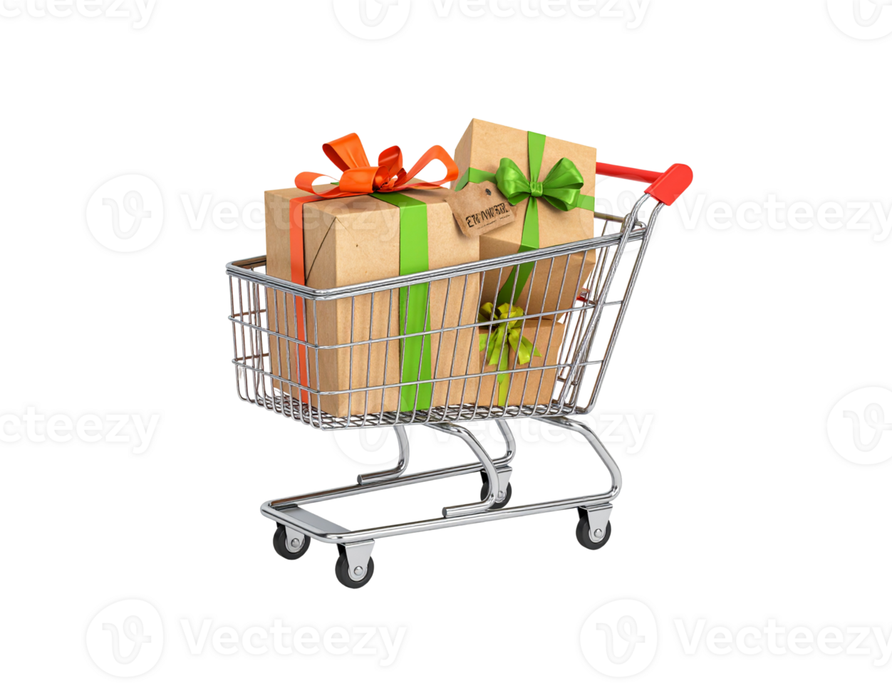 Miniature chrome shopping cart filled with kraft paper gifts tied with bright orange and green ribbons. png