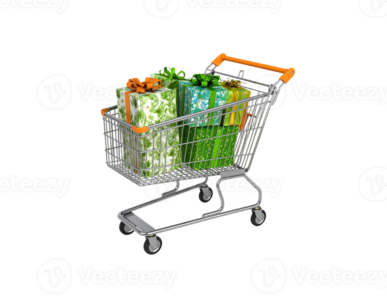 Metal shopping cart with an orange handle full of green patterned gift boxes with colorful ribbons. png