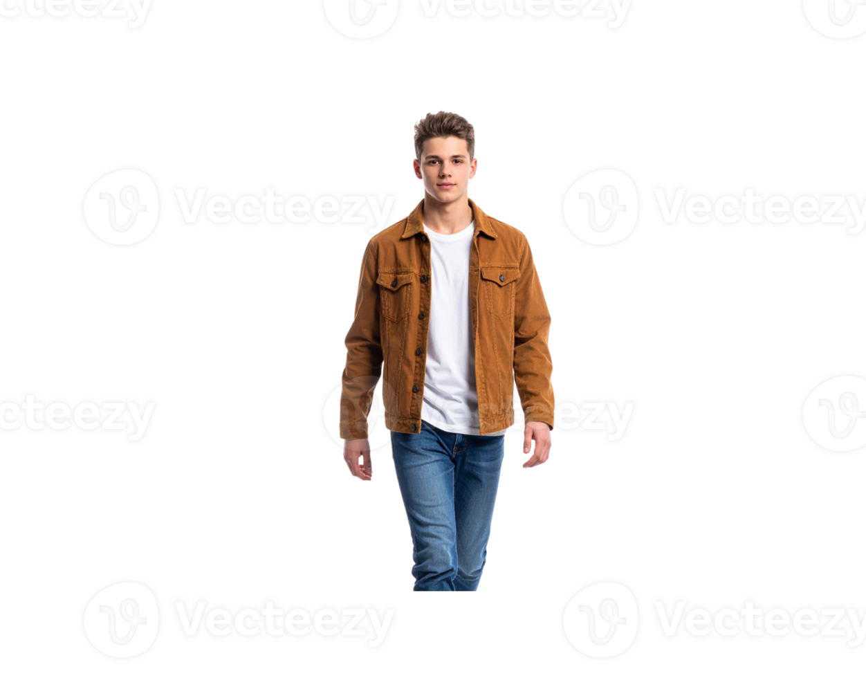 Confident young man in a brown corduroy jacket white tshirt and blue jeans walking forward with a direct gaze. png