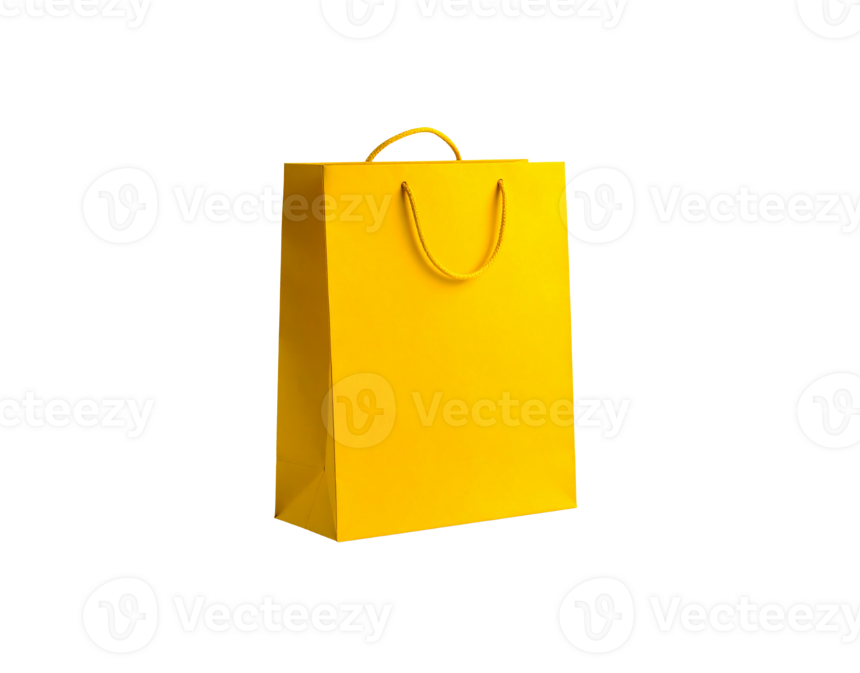 Vibrant yellow paper shopping bag with matching rope handles standing upright. png