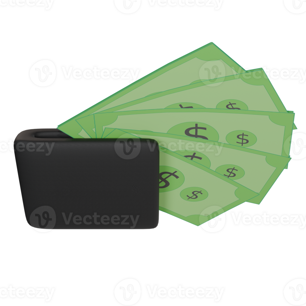 A 3D model of a wallet stuffed with US dollar bills. Great for finance, banking, investment, and success related visuals png