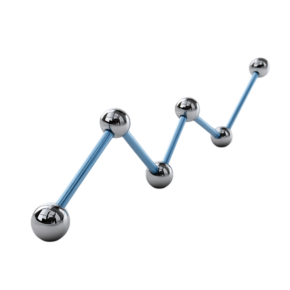 Abstract 3D graph showing upward trend metallic spheres connected by blue rods png