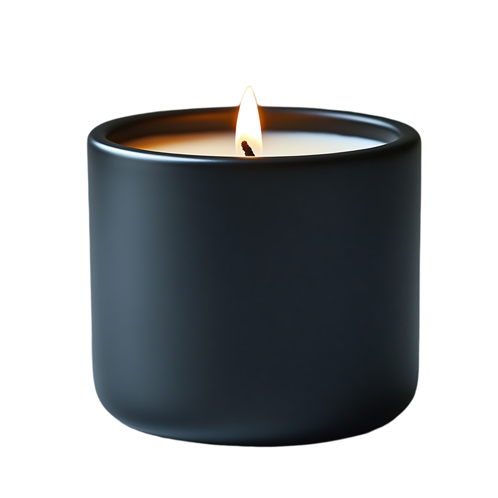 A single lit candle in a dark grey container png