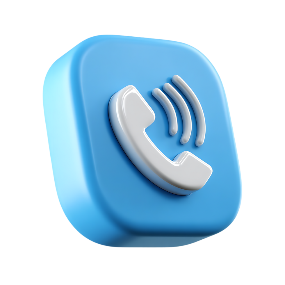 3D blue square button with white phone icon and signal waves png