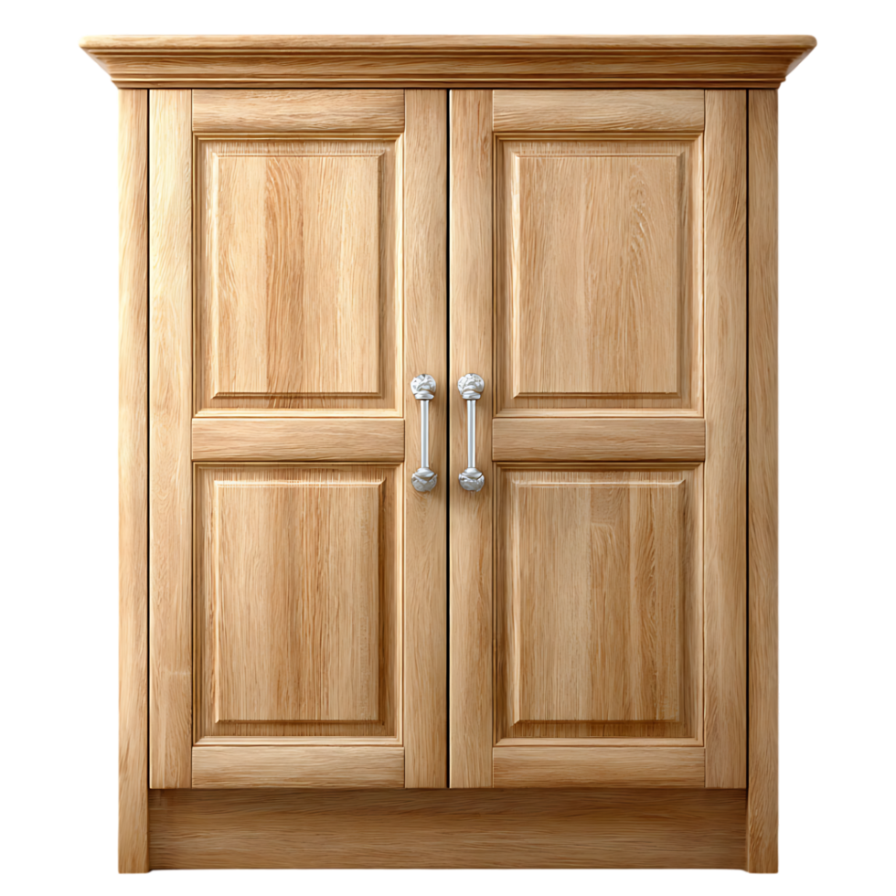 Light wood cabinet with two doors and ornate handles a classic design piece png