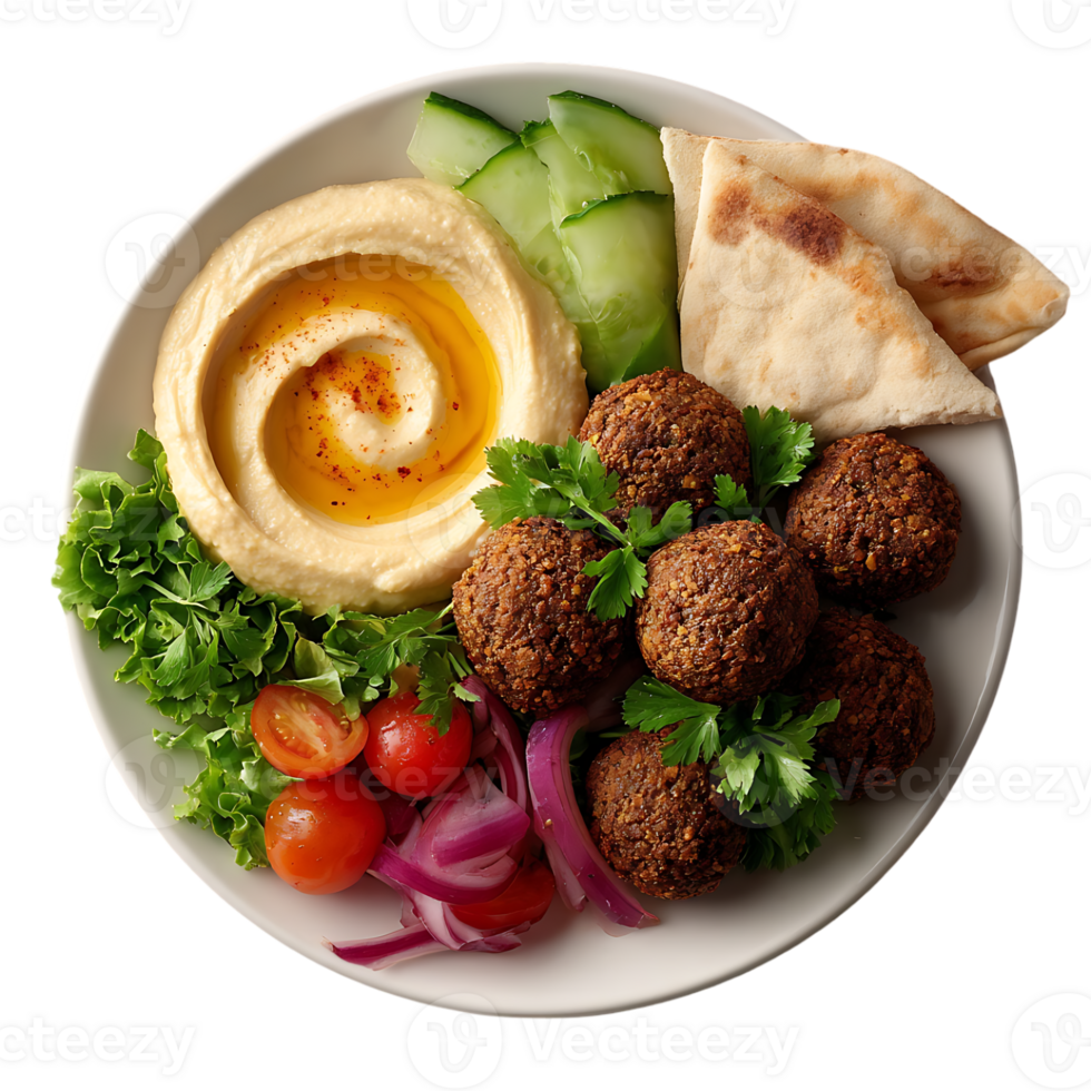 Delicious falafel platter with hummus pita bread cucumber tomatoes and red onion png