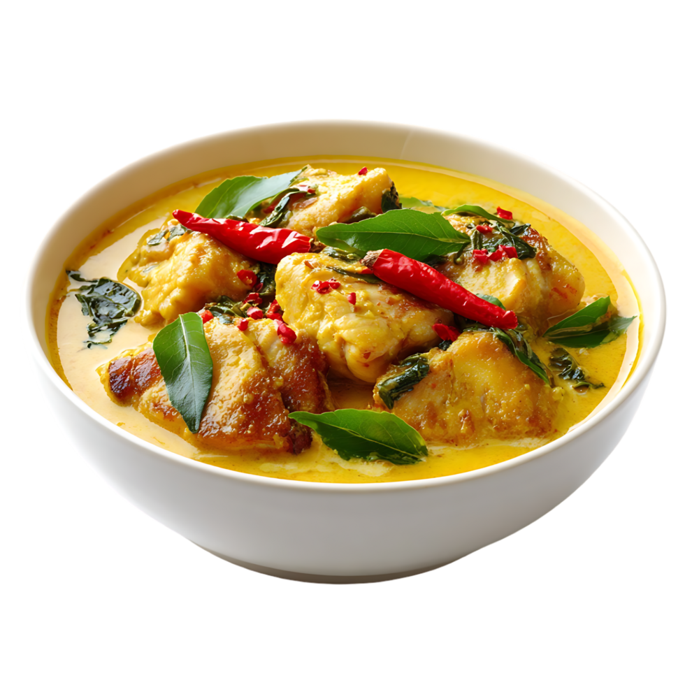Delicious chicken curry in a bowl garnished with chili peppers and bay leaves png