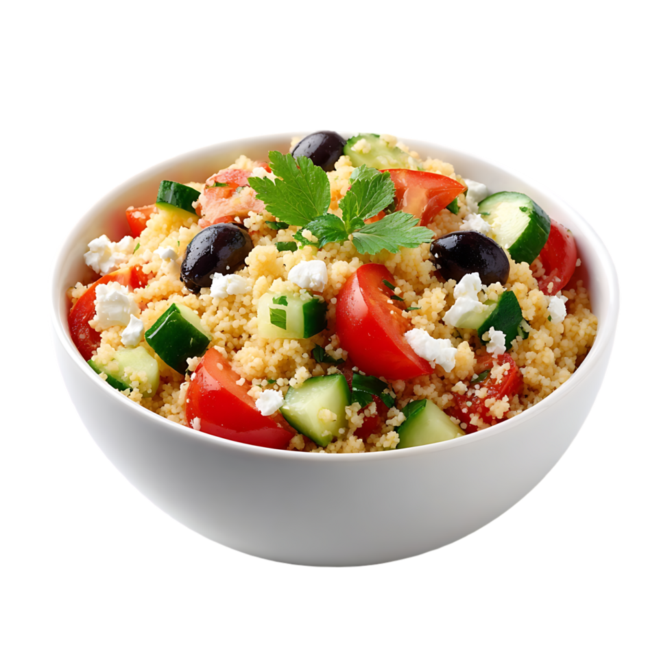 Delicious couscous salad with tomatoes cucumbers olives and feta cheese in a white bowl a healthy and flavorful meal png