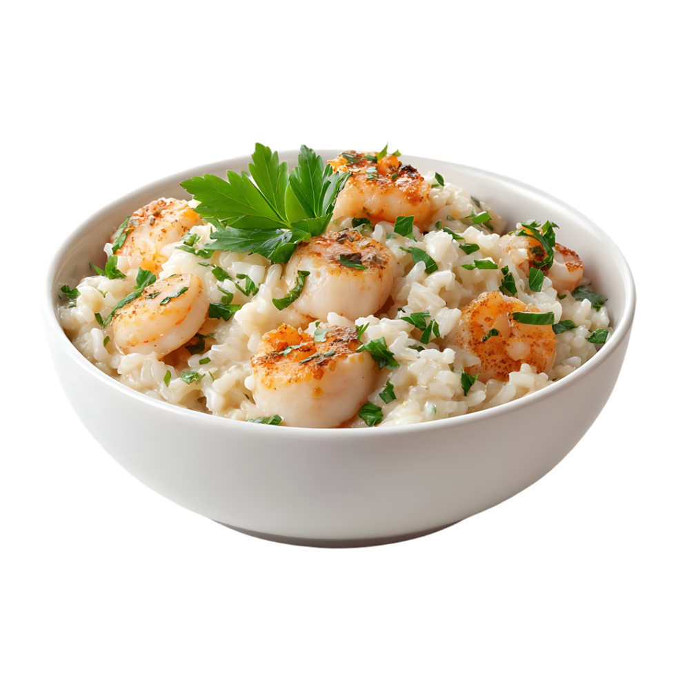 Delicious creamy risotto with grilled shrimp and scallops garnished with parsley in a white bowl png