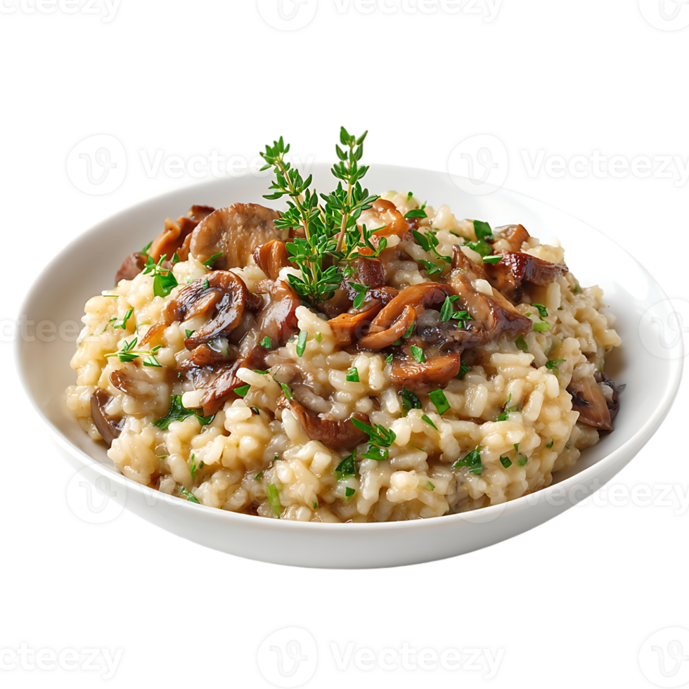 Delicious mushroom risotto in a white bowl garnished with fresh thyme a tasty Italian dish png