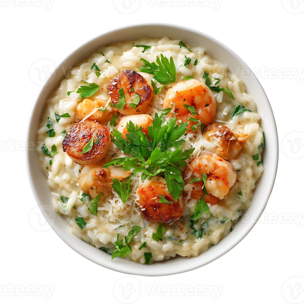 Creamy risotto with scallops shrimp and parsley in a bowl png
