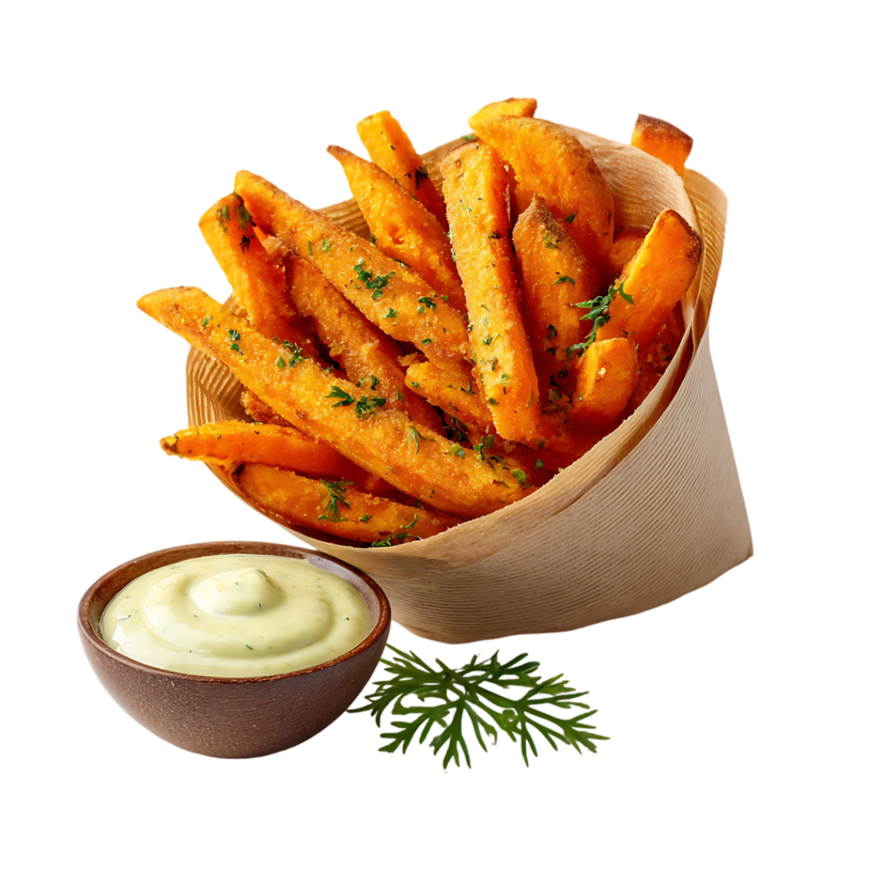 Sweet potato fries in a paper cone with creamy dip and herbs png