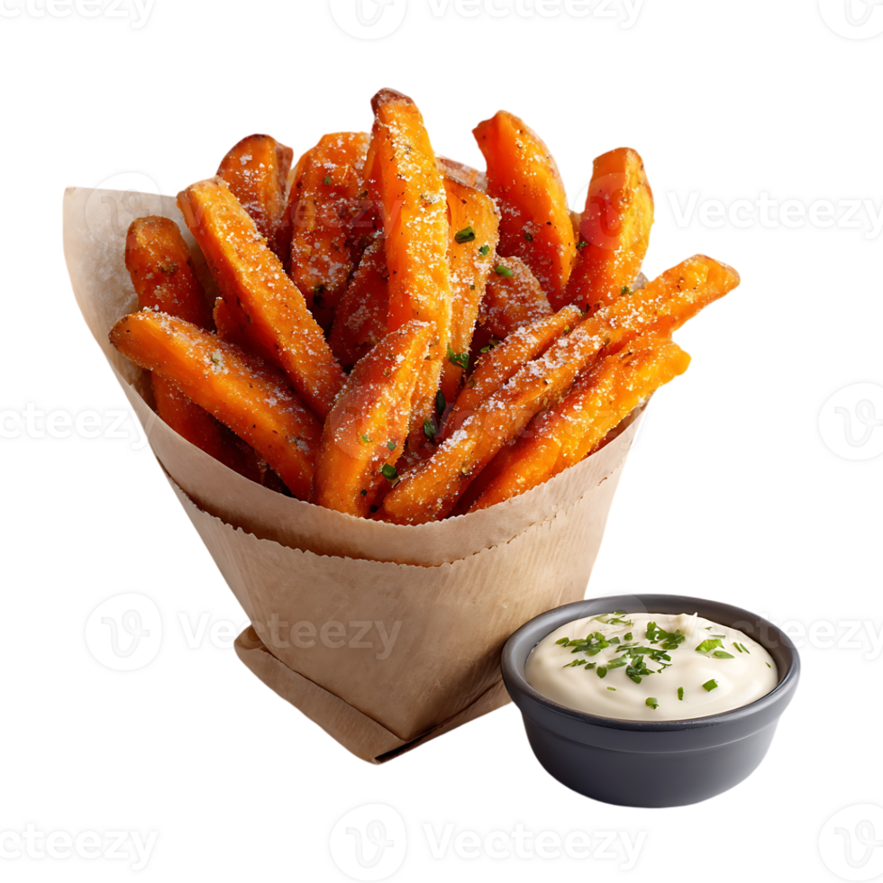 Sweet potato fries seasoned with herbs and a side of creamy dip png