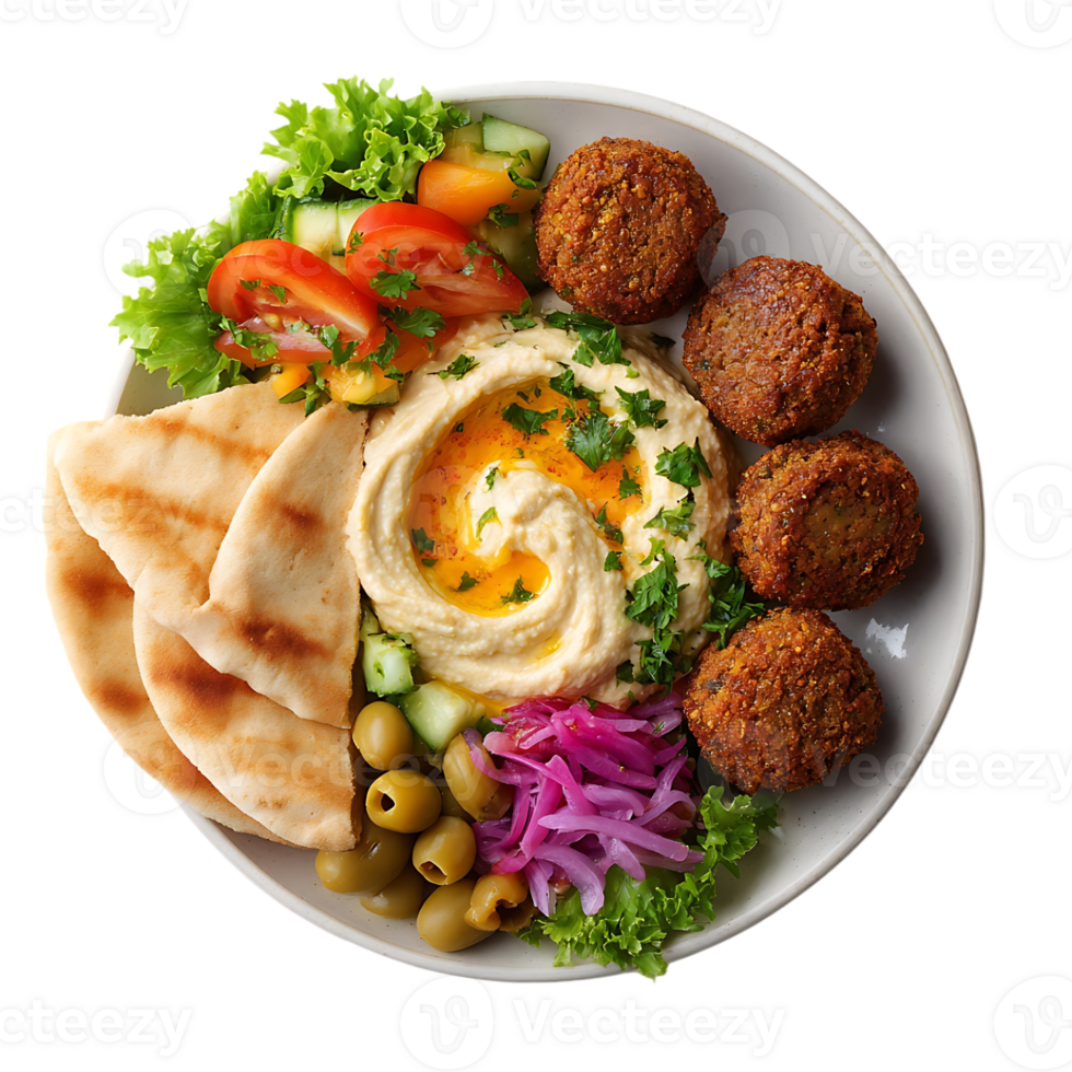 Delicious hummus bowl with falafel pita bread olives and fresh salad png