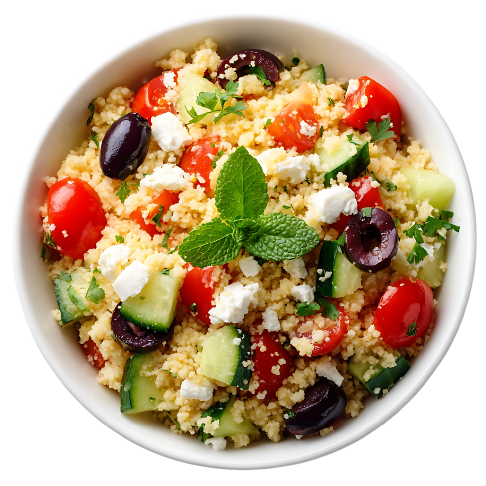 Delicious couscous salad with cucumber tomatoes olives and feta cheese png