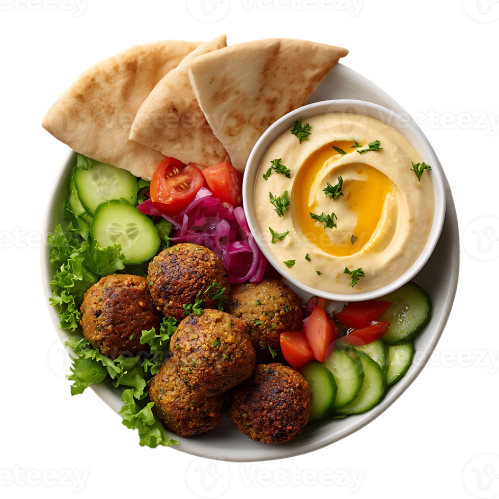 Falafel platter with hummus pita bread and fresh salad png