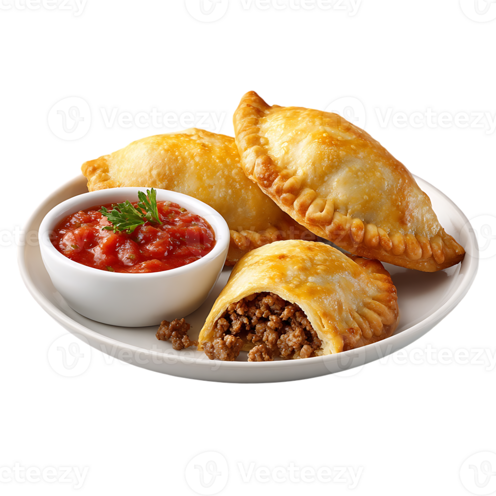 Delicious golden brown pastries filled with savory ground meat served with a side of vibrant red salsa png