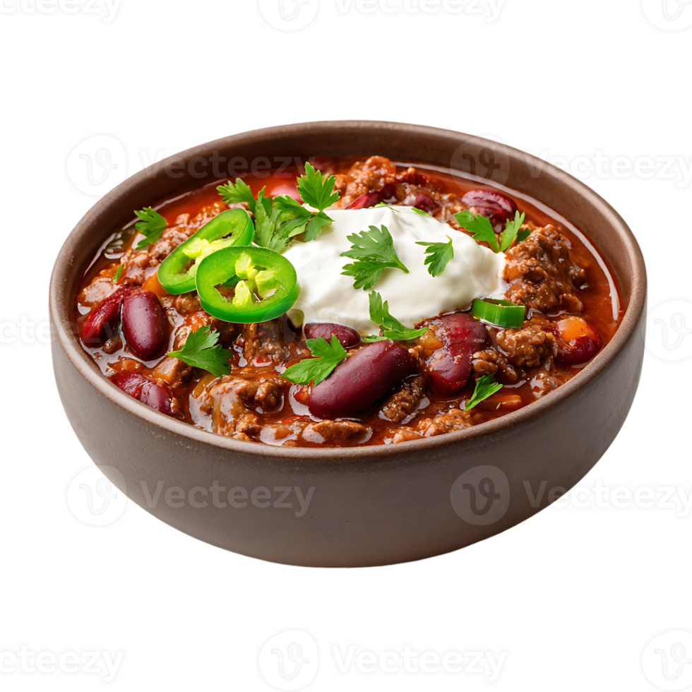 Delicious chili bowl topped with sour cream and jalapenos a hearty meal png