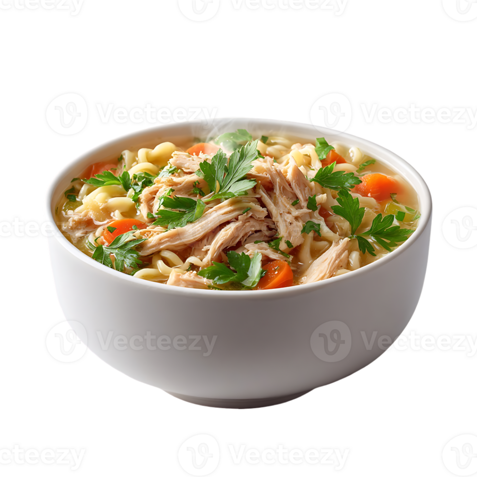 Steaming hot chicken noodle soup in a bowl fresh parsley garnish carrots noodles broth png