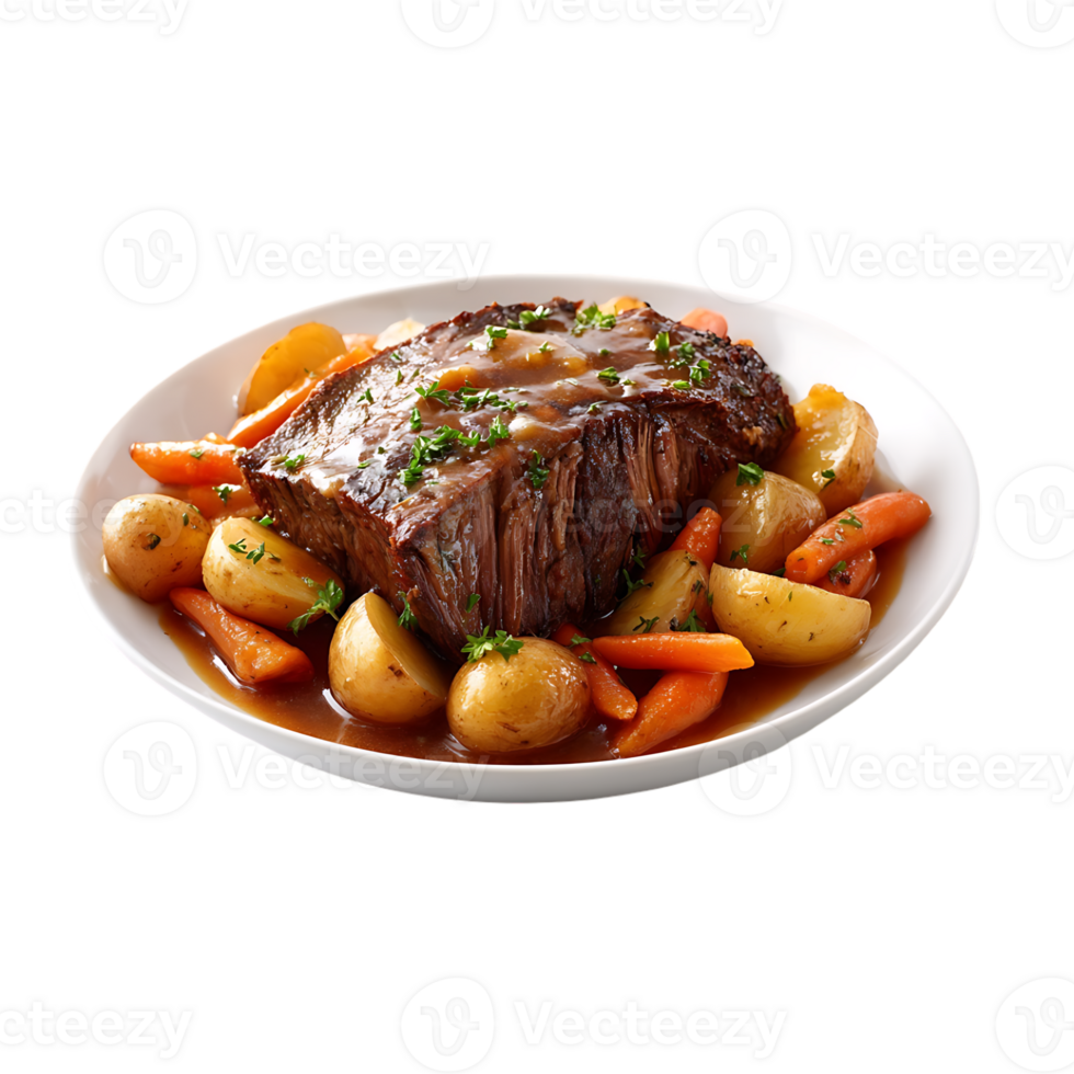 Delicious pot roast served with carrots and potatoes in a rich gravy a hearty meal png