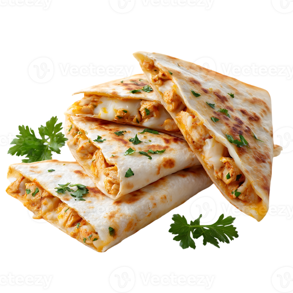 Delicious chicken quesadillas with melted cheese and fresh parsley garnished png
