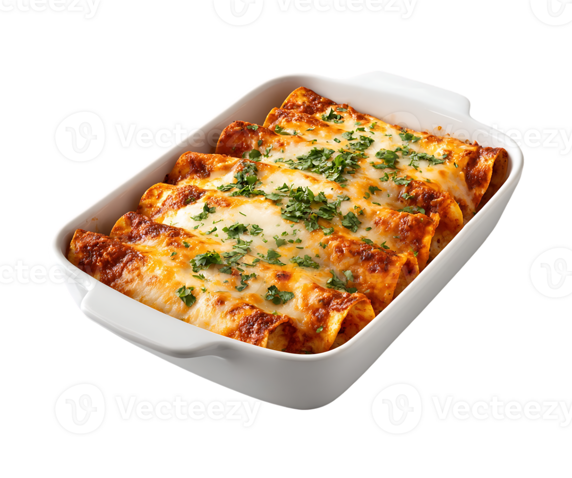 Delicious cheesy enchiladas in a white baking dish topped with fresh herbs ready to serve png