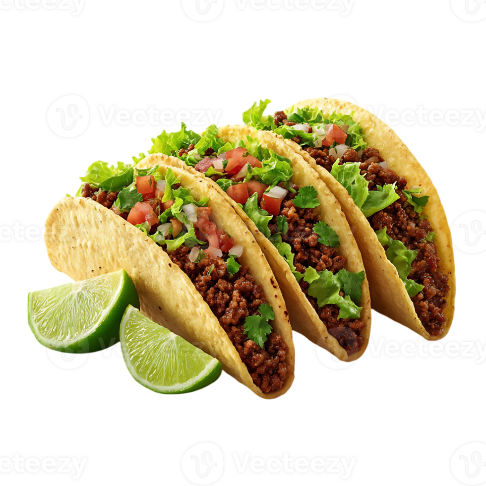 Three delicious tacos with seasoned ground beef lettuce tomatoes onions and cilantro served with lime wedges png
