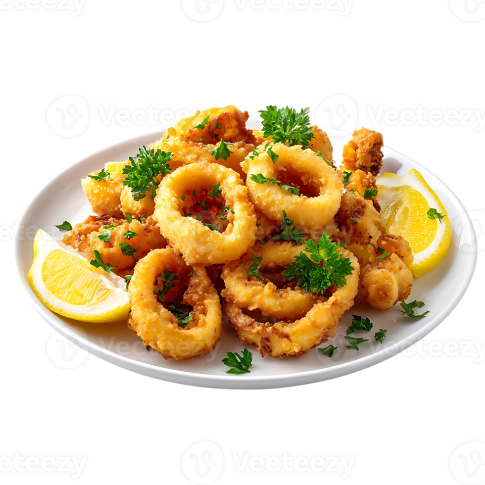 Crispy fried calamari rings on a plate with lemon and parsley garnish a delicious seafood dish png