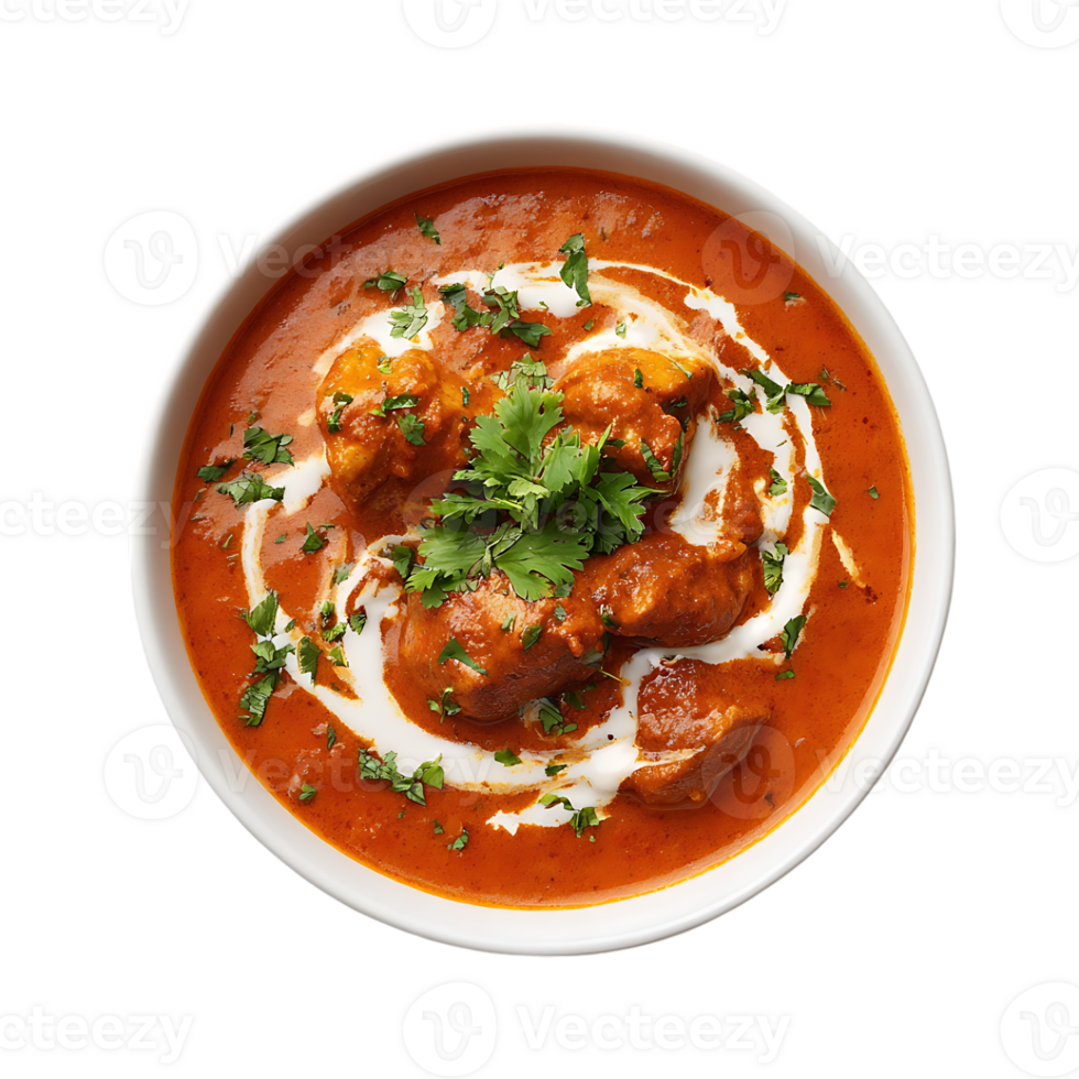 Delicious creamy chicken curry in a white bowl garnished with cilantro png