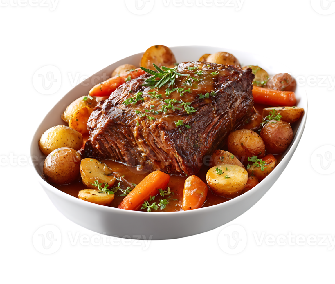 Roasted beef pot roast with carrots potatoes and herbs in a white bowl png