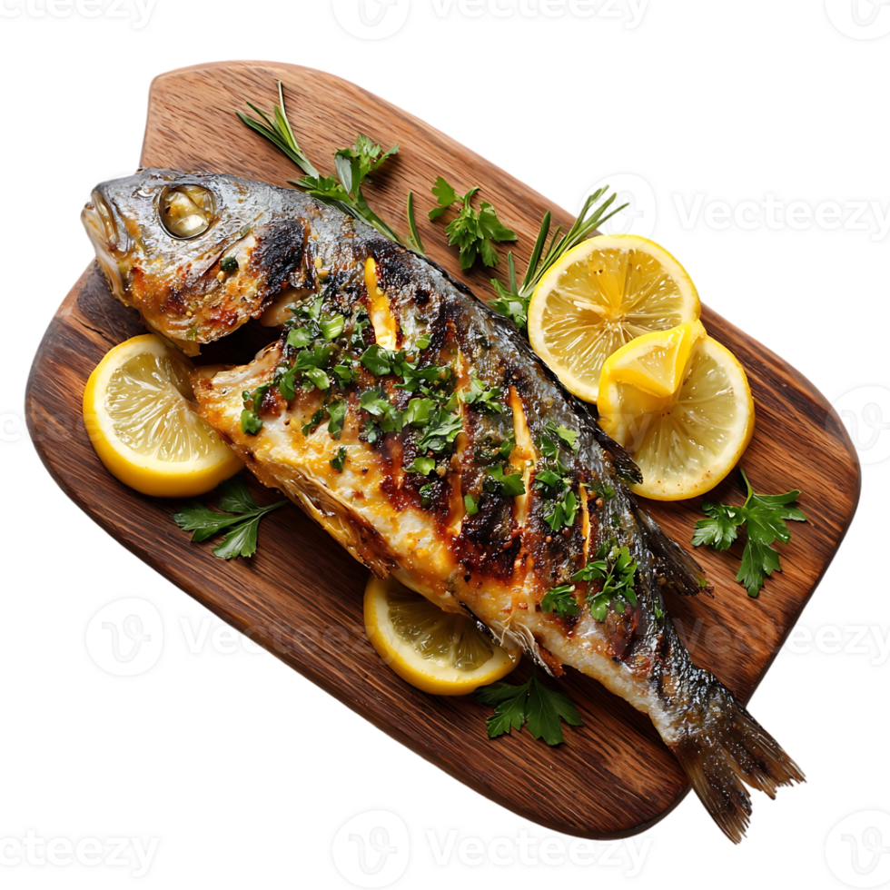 Grilled fish lemon slices herbs wooden board delicious meal png