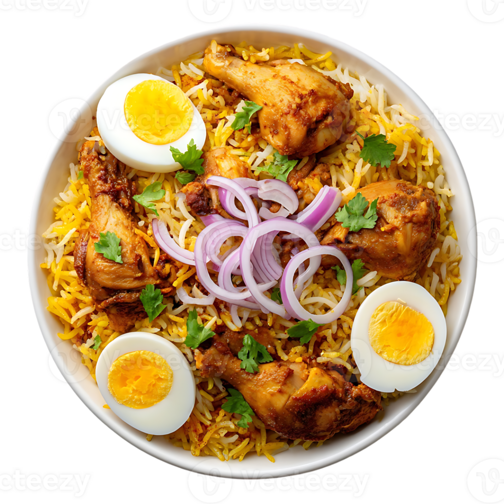 Delicious chicken biryani with hard boiled eggs and red onions a flavorful rice dish png