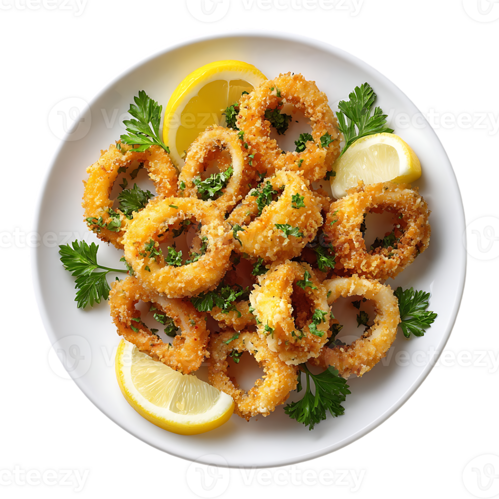 Crispy fried calamari rings served with lemon wedges and parsley on a white plate png