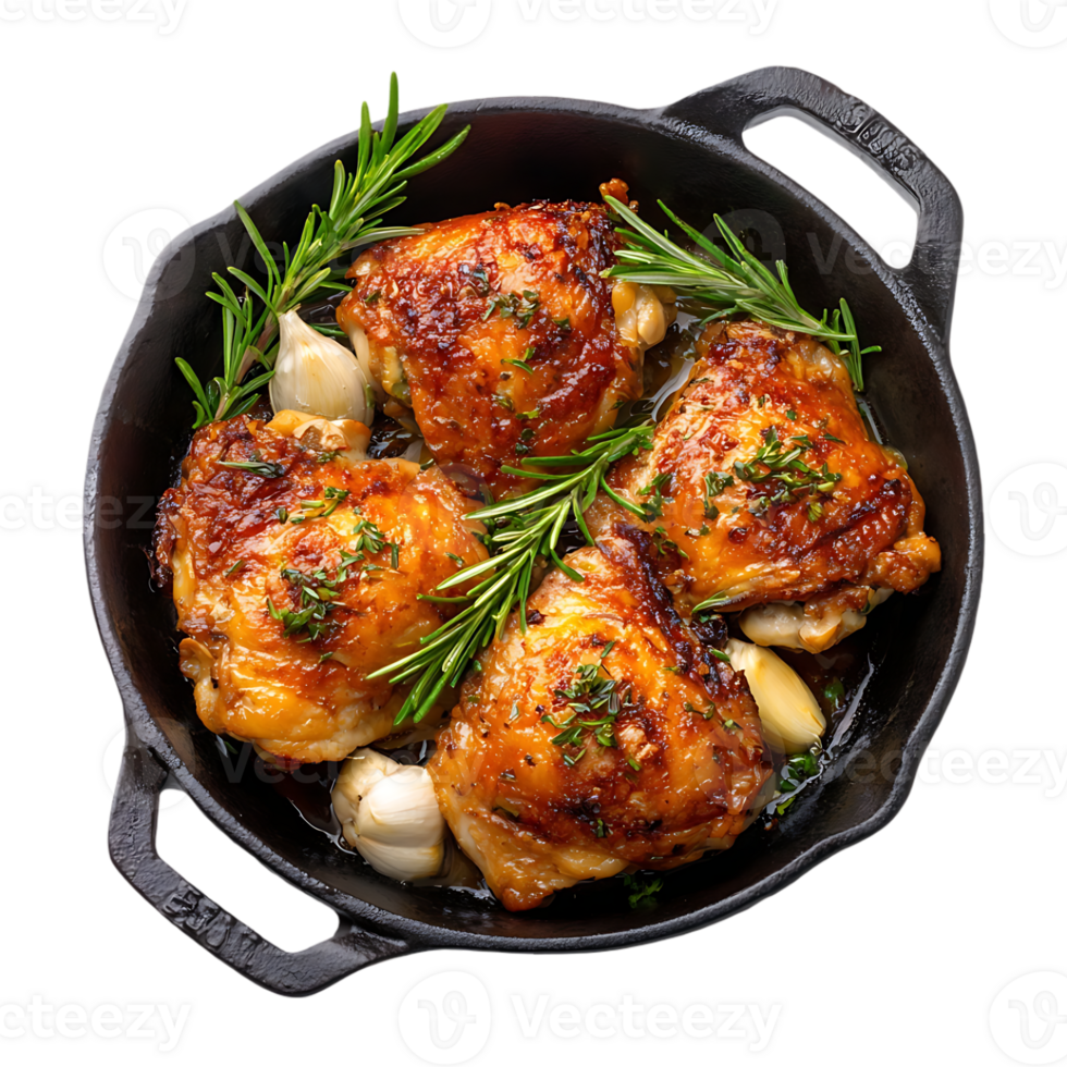 Roasted chicken thighs garlic rosemary herbs skillet dinner png