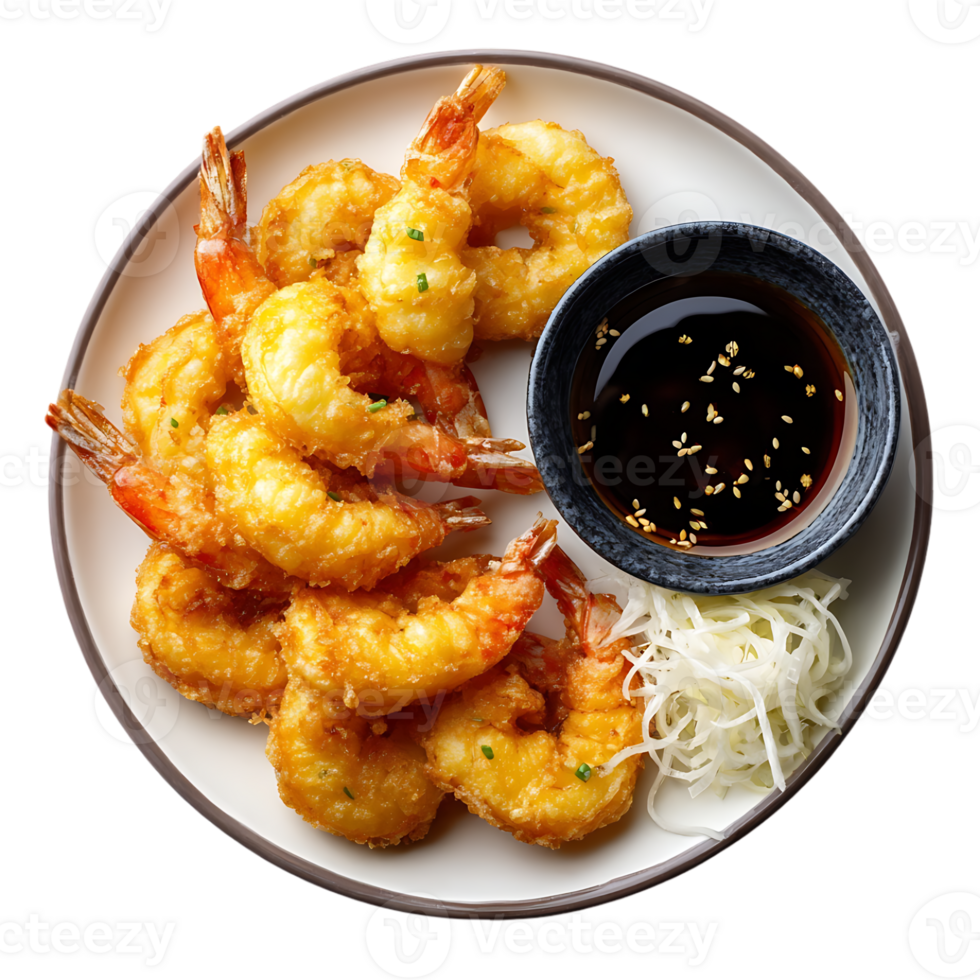 Crispy fried shrimp served with dipping sauce and shredded vegetables a delicious Asian meal png