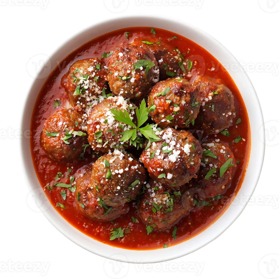 Meatballs in rich tomato sauce garnished with parsley and cheese png