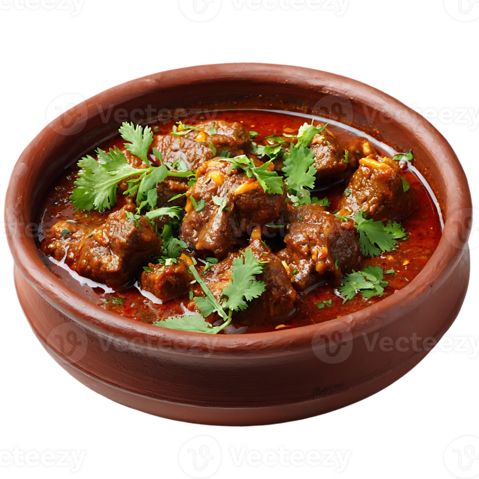 Spicy meat stew in a rustic bowl garnished with fresh herbs png