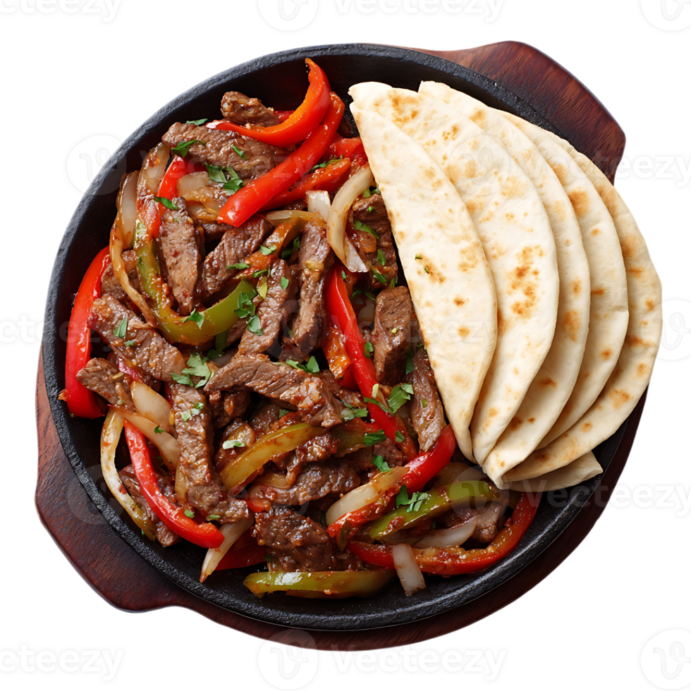 Sizzling steak fajitas with peppers onions and tortillas png