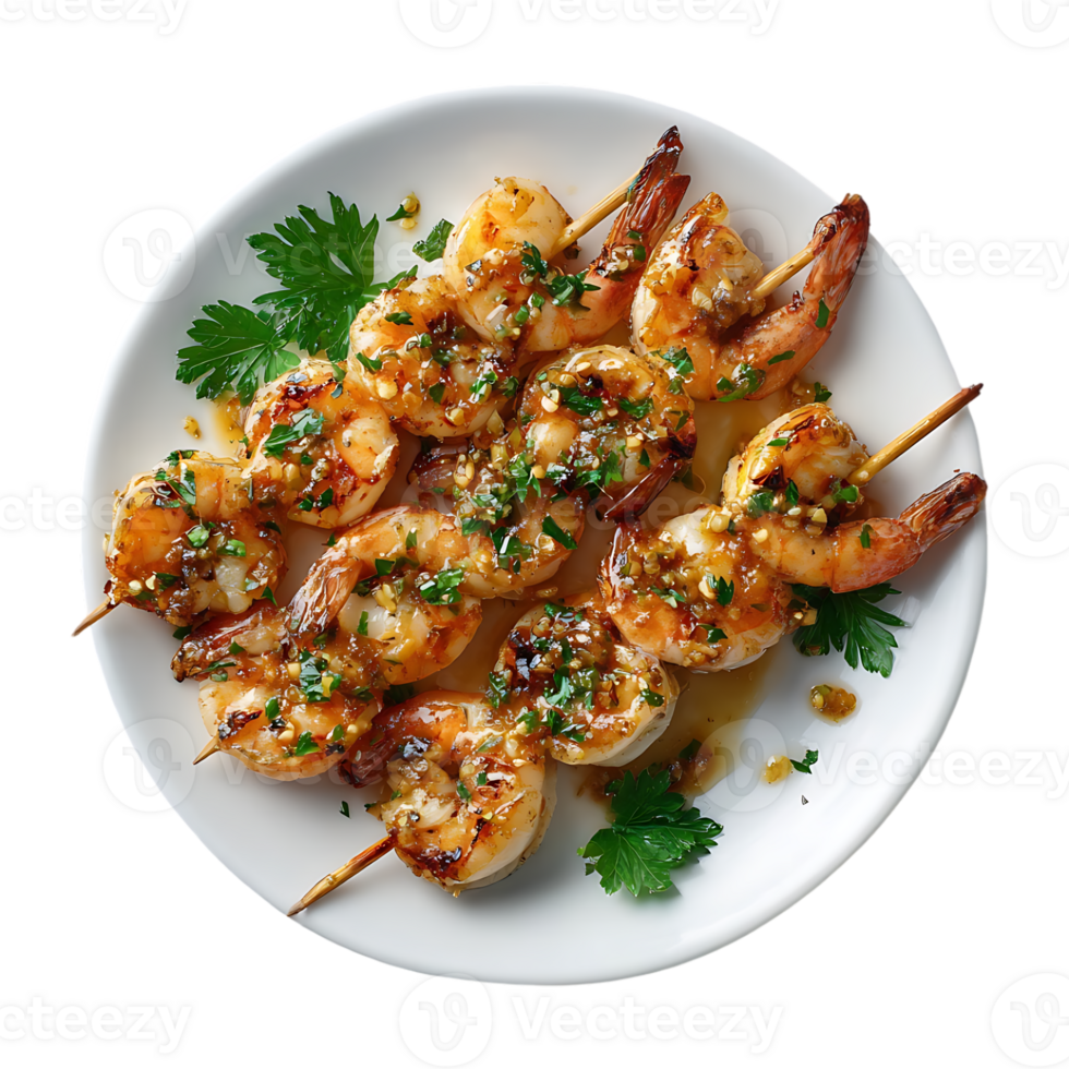 Grilled shrimp skewers with parsley and sauce on a white plate png