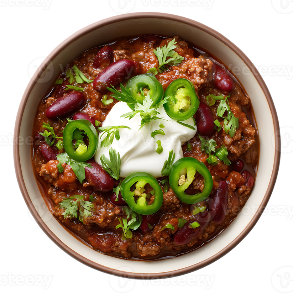 Hearty beef chili bowl topped with sour cream jalapenos and cilantro png